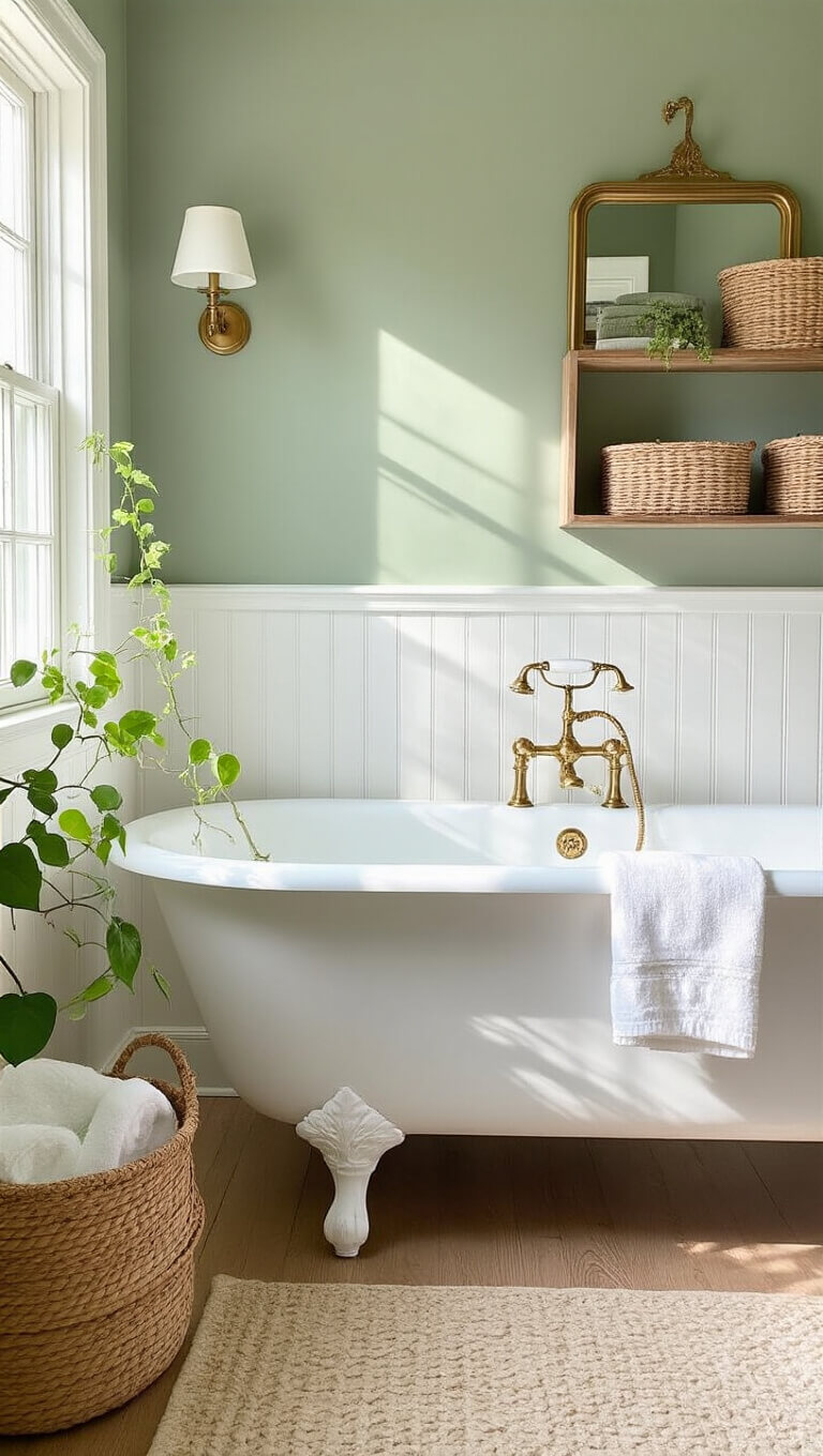 Sage green 5x7 bathroom with clawfoot tub, white beadboard wainscoting, brass hardware, vintage mirror cabinet, and white oak shelves styled with baskets, towels, and a pothos plant in soft morning light.
