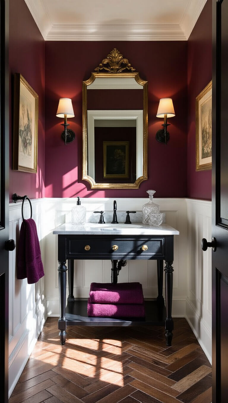 Cozy 4x6' powder room with deep burgundy walls, white crown molding, antique brass mirror, marble washstand, herringbone tile floor, black fixtures, and vintage décor in rich afternoon light.