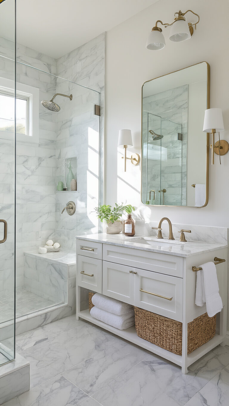 Bright modern 5x8 bathroom with white walls, marble-look tiles, double floating vanity, frameless glass shower, mixed metal fixtures, and soft natural light.