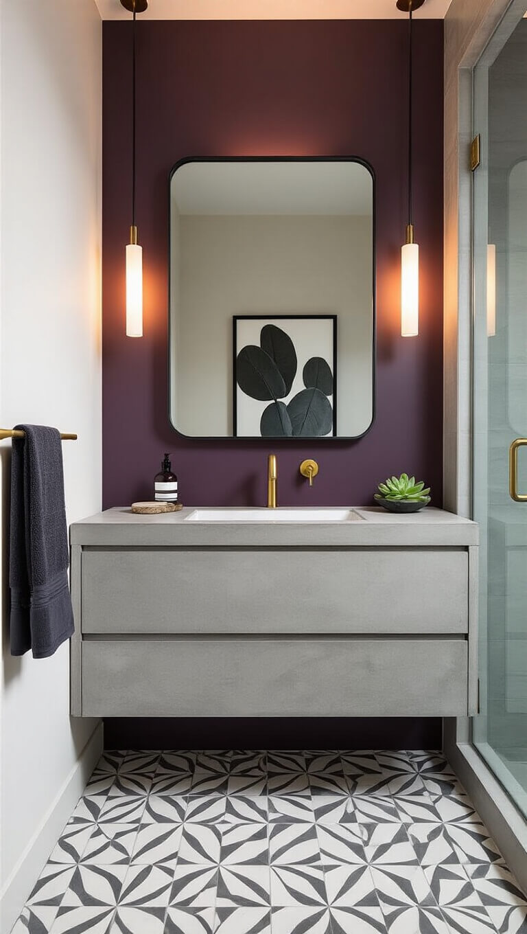 Modern 6x7 bathroom with plum accent wall, floating concrete vanity, matte black mirror, geometric tile floor, glass shower, brass fixtures, and moody dusk lighting.