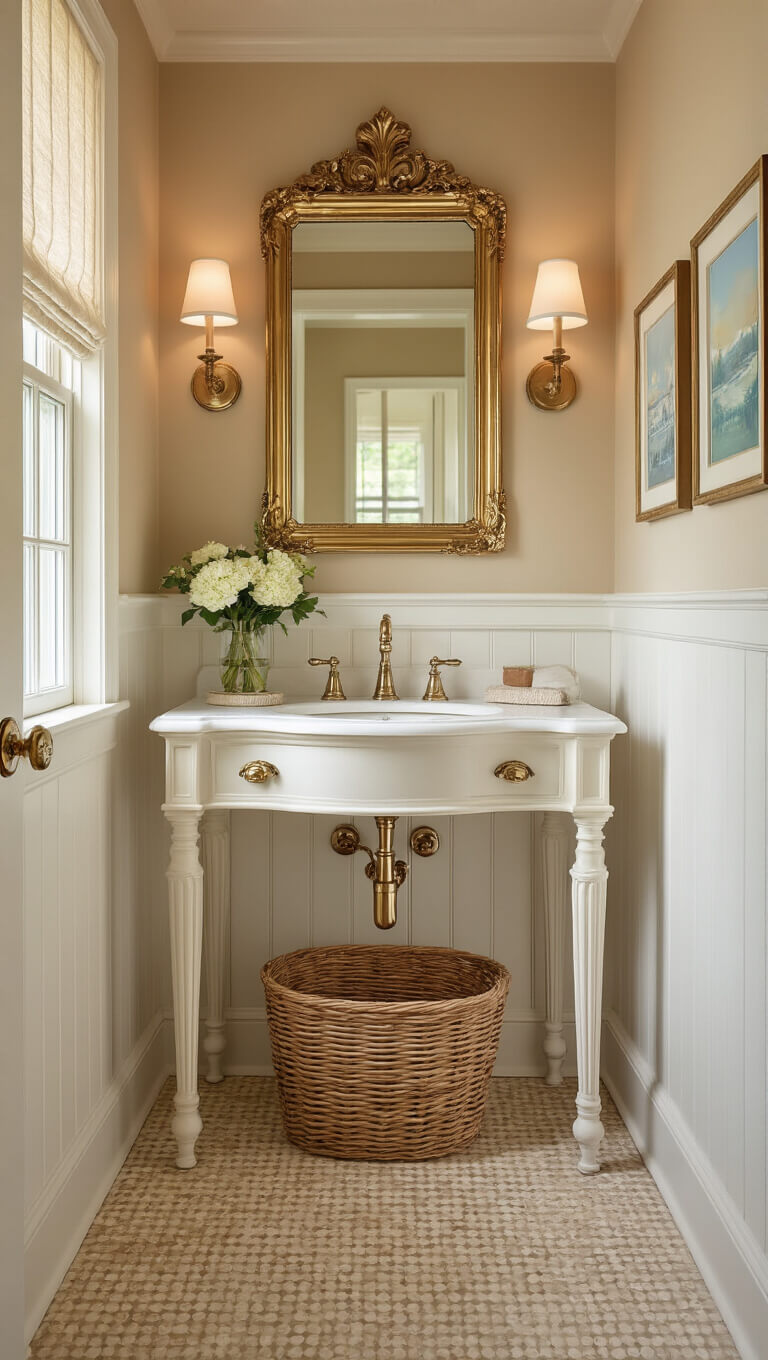 Warm beige powder room with white trim, vintage console sink, gold mirror, basketweave floor tile, and natural coastal decor in soft daylight.