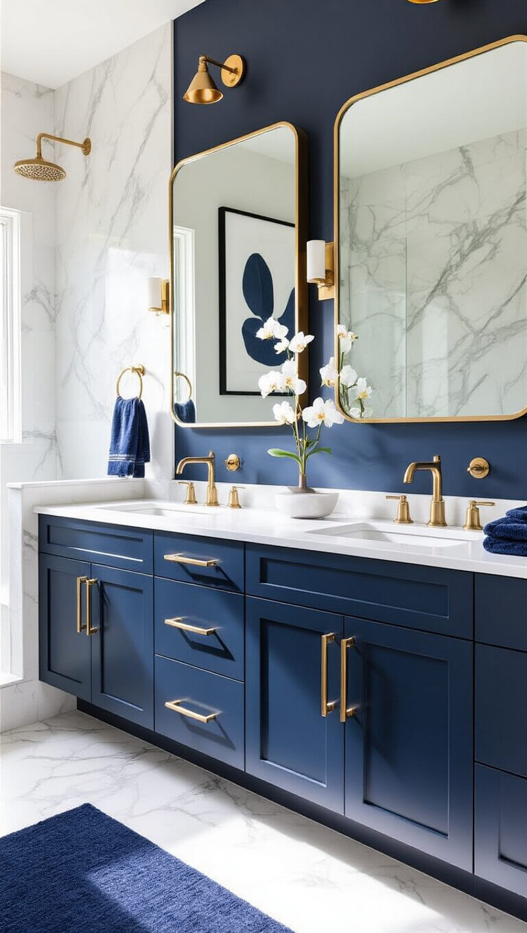 Contemporary 6x8 bathroom with navy and white walls, floating double vanity, oversized LED mirror, marble shower, mixed gold and chrome finishes, and modern decor in morning light.