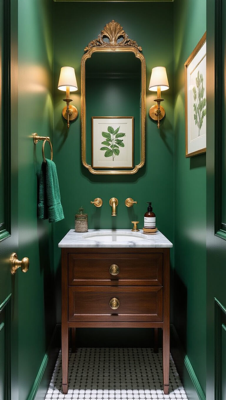 Moody powder room with glossy forest green walls, brass faucet, marble sink, vintage mirror, penny tile floor, and emerald accents.