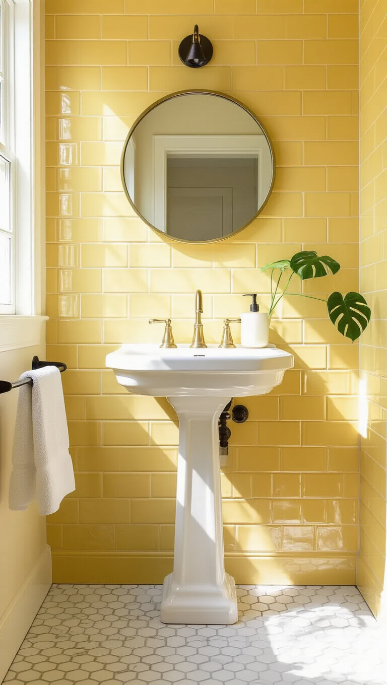 Sunlit 5x7ft bathroom with butter-yellow subway tile accent wall, white pedestal sink, brass mirror, white hex tile floor, waffle towels on black rail, and potted monstera.