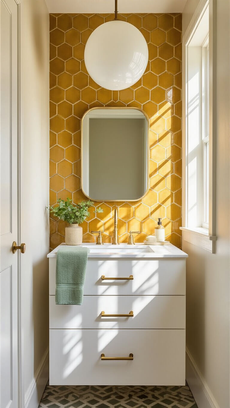 Intimate 4x6ft powder room with vintage mustard hexagonal tile feature wall, floating white vanity with brass hardware, and warm afternoon light casting geometric shadows.