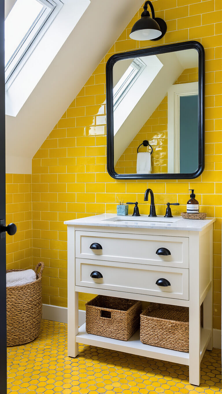 Corner bathroom with citron yellow penny tiles, white upper walls, black-framed mirror, contemporary white vanity, and blue accents under natural skylight.
