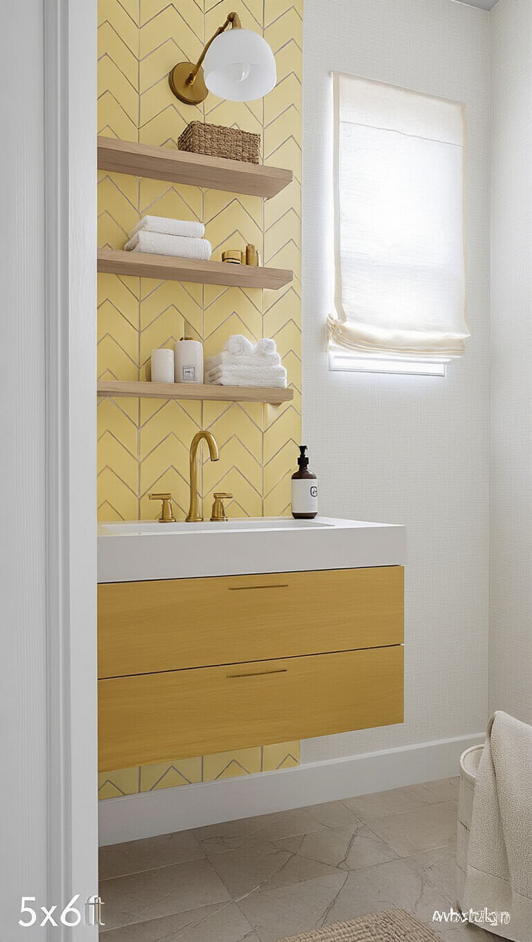Compact guest bathroom with honey-yellow chevron tile statement wall, floating vanity, white oak shelves, and soft morning light filtering through sheer curtains.