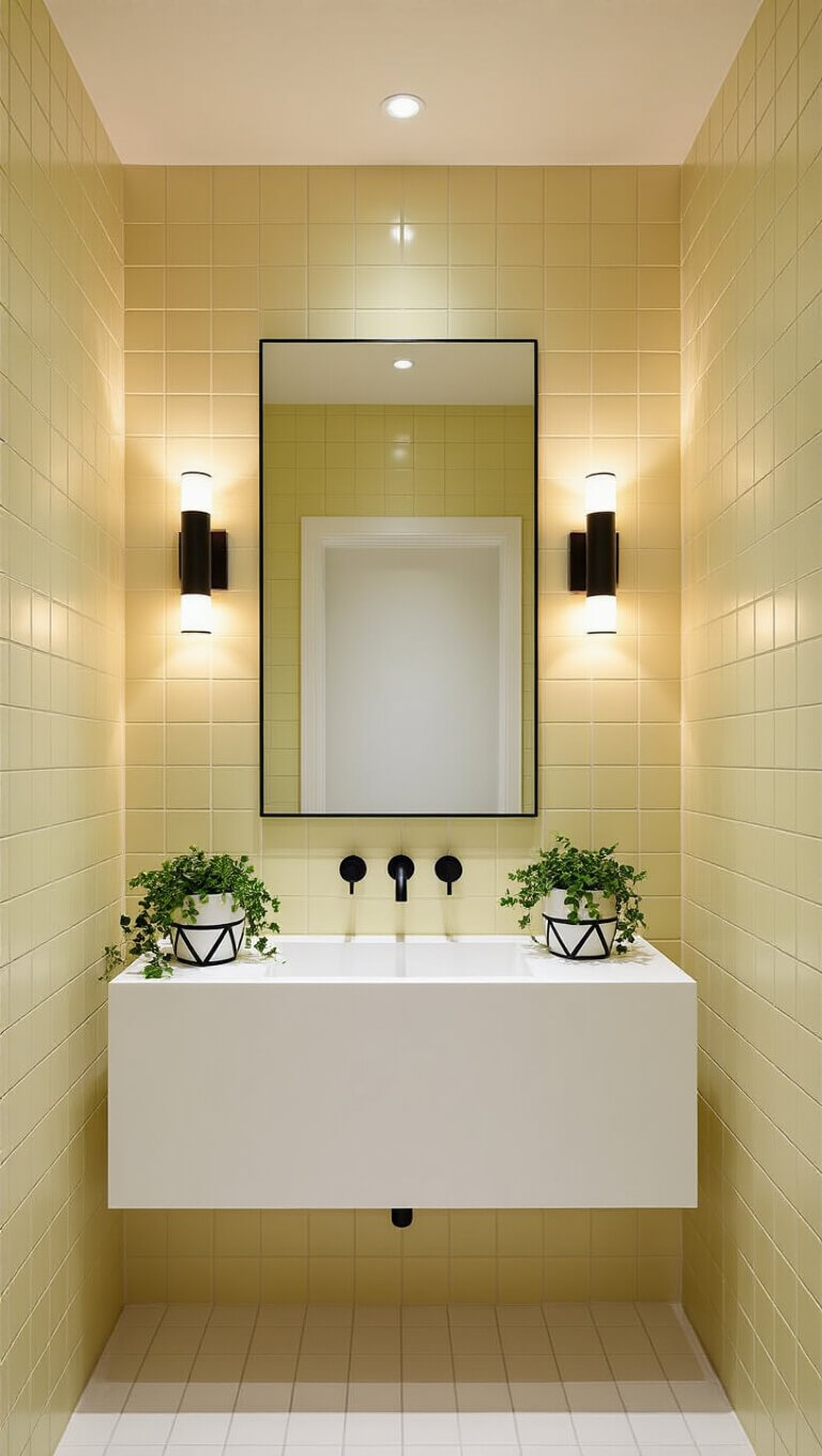 Serene 6x7ft bathroom with pale yellow square tiles, floating white vanity, black matte fixtures, minimalist mirror, dimmable sconces, and trailing ivy in geometric planters.