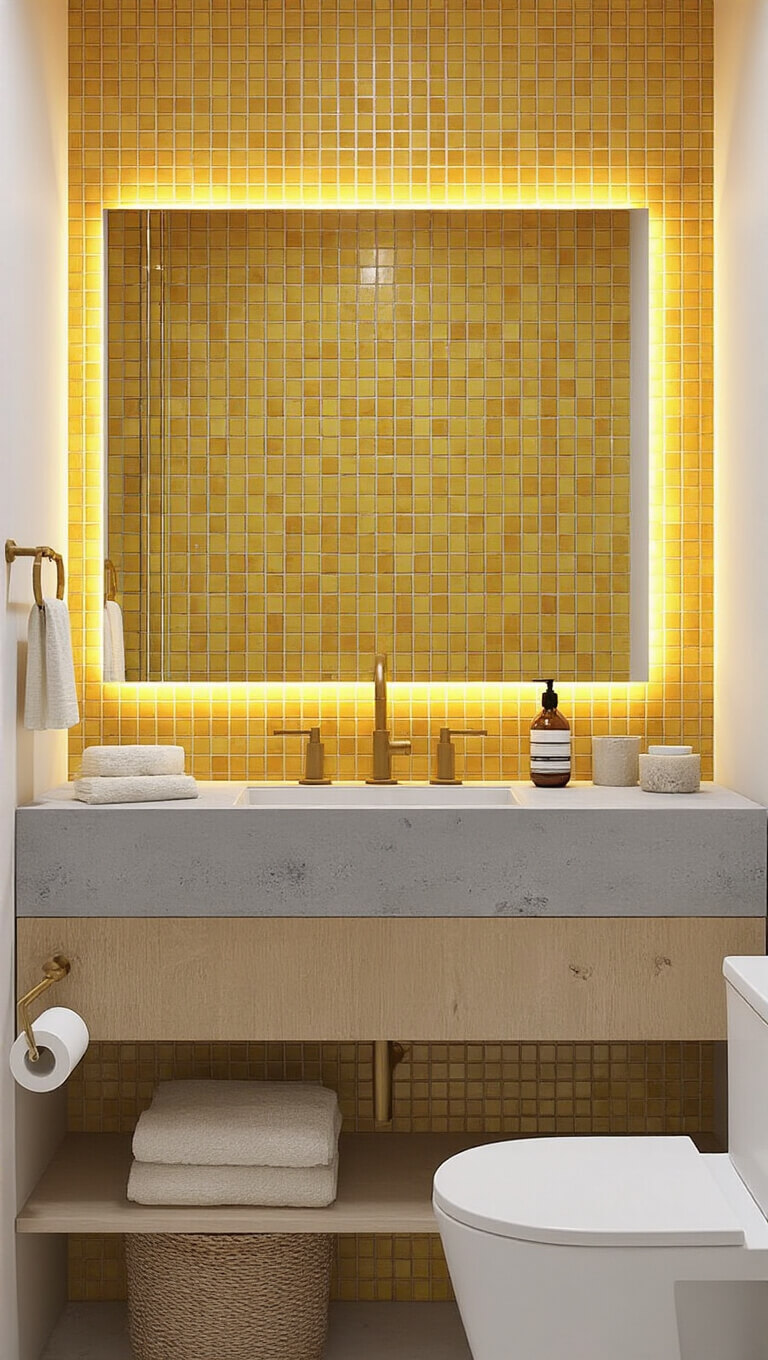 Urban bathroom with yellow ombré mosaic tiles, concrete-look vanity, brass fixtures, and LED-lit mirror.