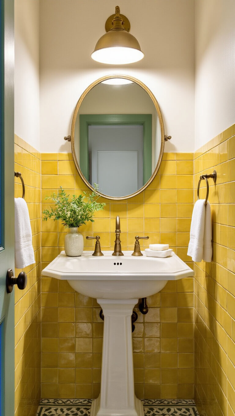 Cozy 4x5ft powder room with canary yellow artisanal tiles, vintage brass light fixture, pedestal sink, round brass-framed mirror, sage green accents, and white linens.