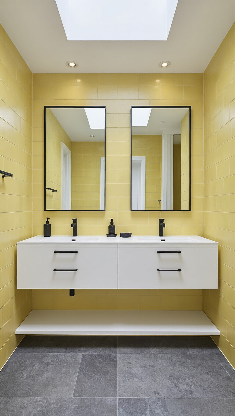 Modern 7x8ft family bathroom with lemon yellow porcelain tiles, matte white wall-mounted double vanity, black hardware, gray stone flooring, skylight, and recessed lighting.