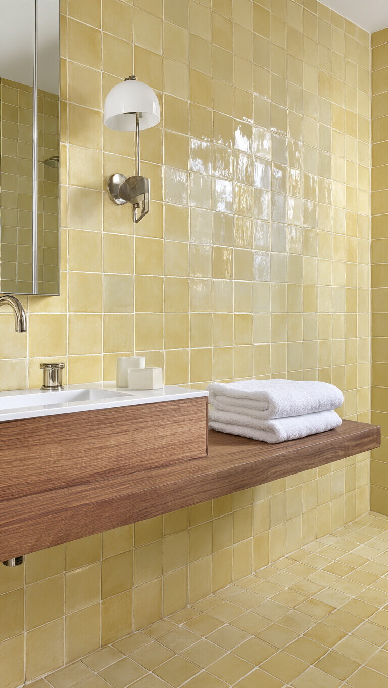 Sophisticated 5x7ft guest bath with glossy butter yellow zellige tiles, floating walnut vanity, polished nickel fixtures, and soft afternoon shadows.