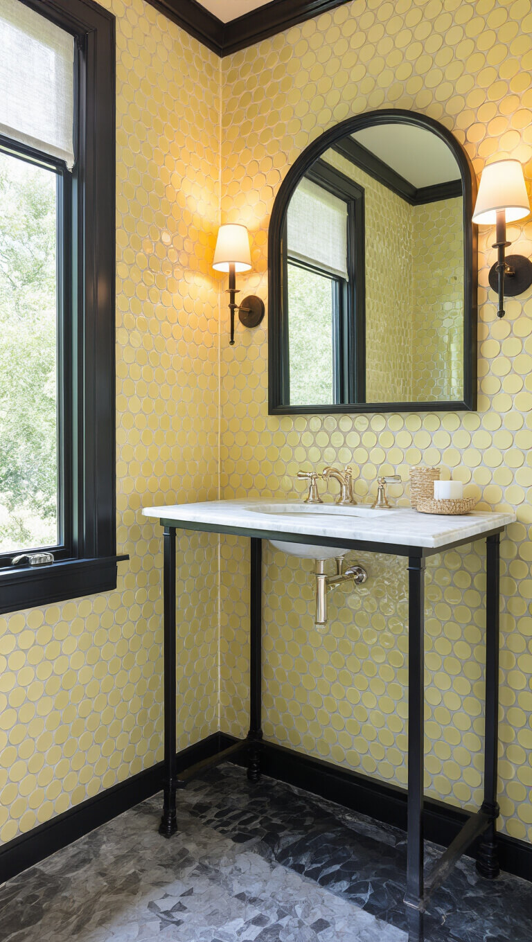 Elegant 4x6ft powder room with pale yellow penny round tiles, marble console vanity, round mirror, picture window, and black modern accents.