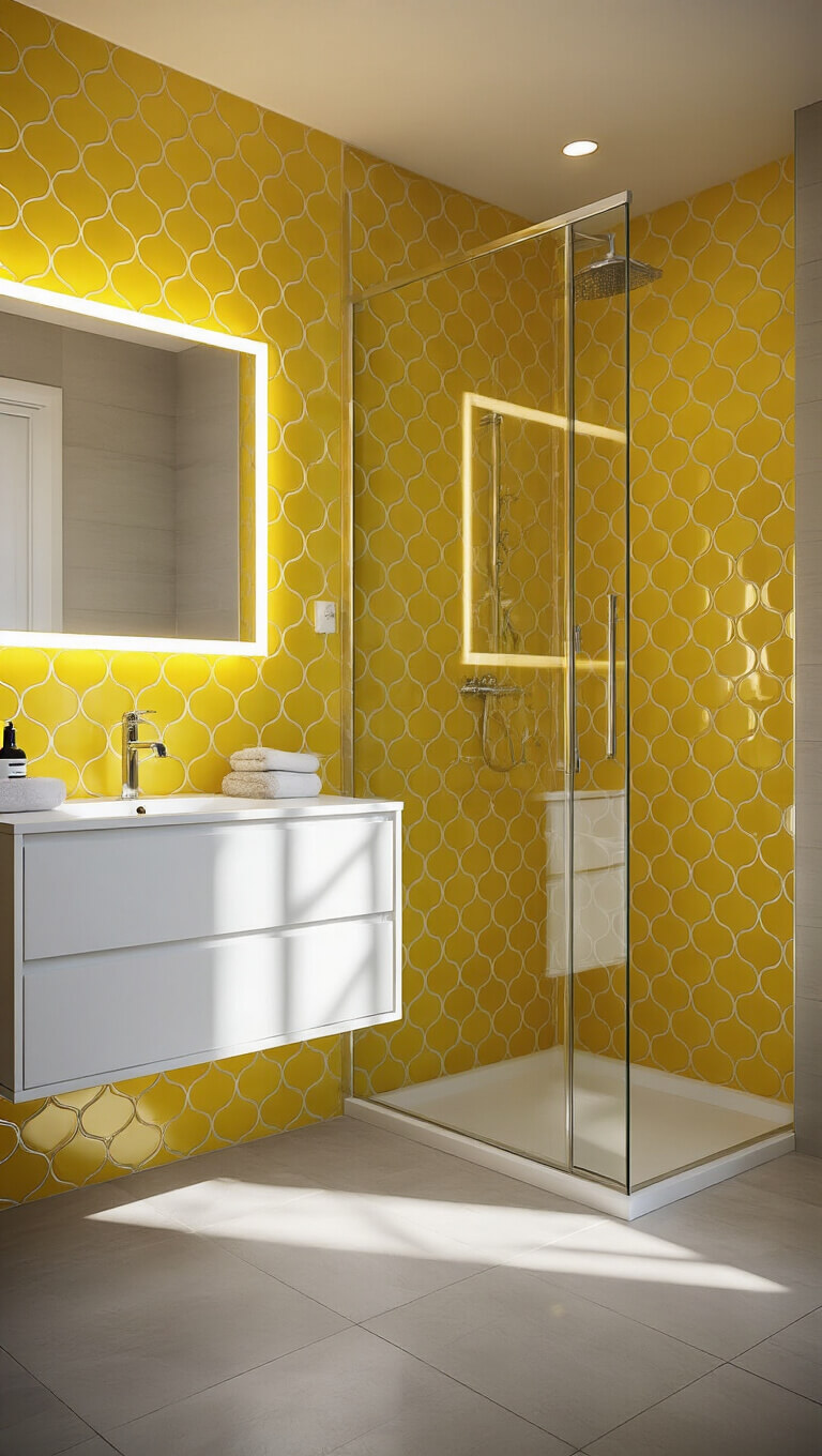 Modern 6x8ft bathroom with sunshine yellow fish scale tiles, white floating vanity, chrome fixtures, and clear glass shower doors in morning light.