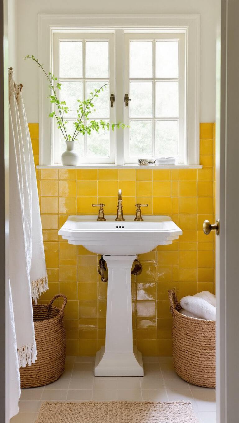 Charming small bathroom with handmade yellow tiles, vintage pedestal sink, brass fixtures, and soft natural light