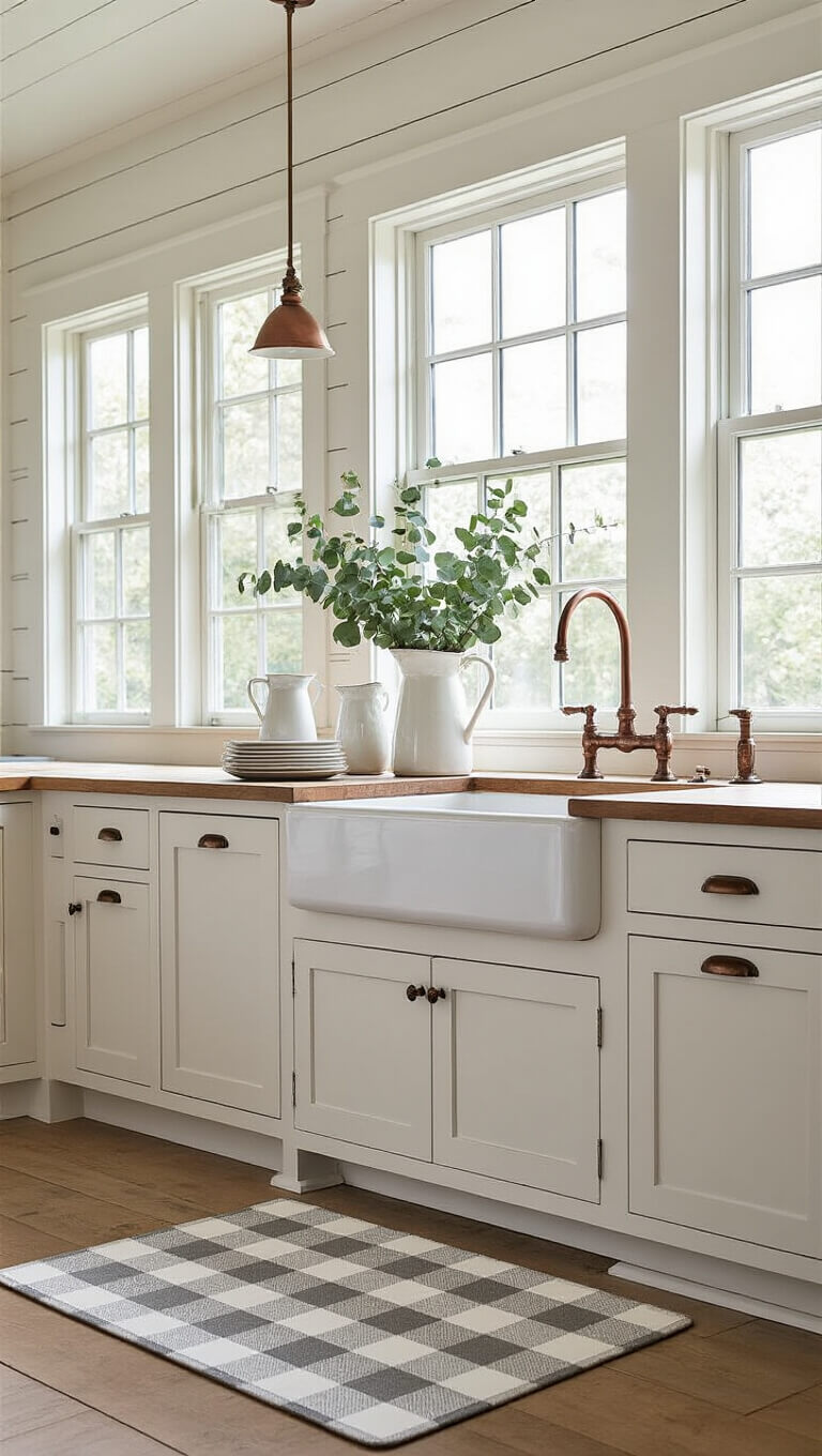 Anti-fatigue buffalo check mat in sunlit farmhouse kitchen with vintage sink, eucalyptus in ceramic pitcher, and enamelware accents.
