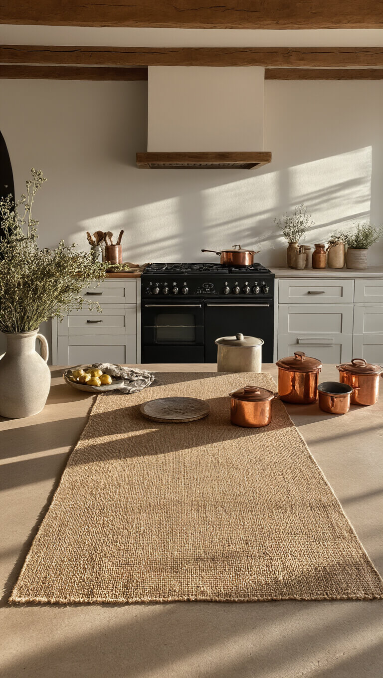 Low-angle view of a cozy 10x12ft kitchen at golden hour, featuring layered jute and sage mats, matte black professional range, copper cookware, dried herbs, and ceramic canisters under exposed wooden beams.