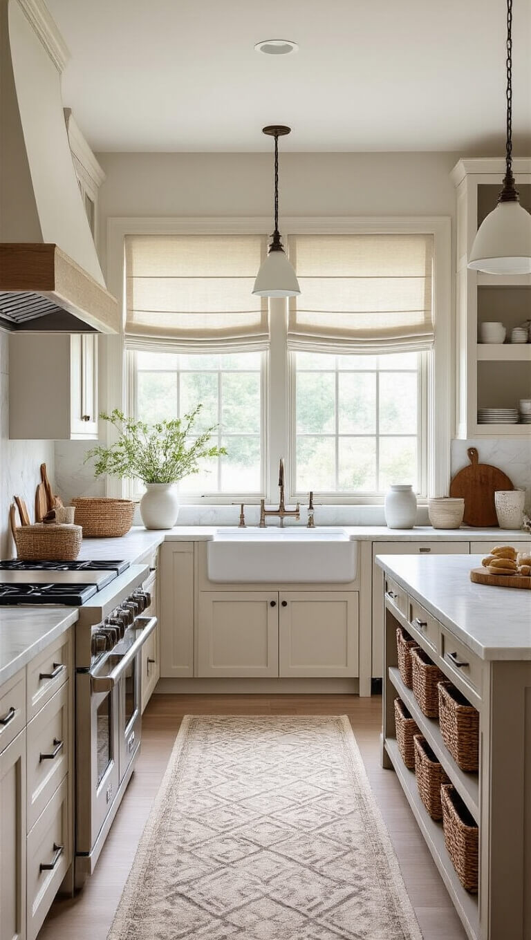 Modern farmhouse kitchen with marble waterfall island and neutral geometric L-shaped runner, viewed from above with soft midday lighting.