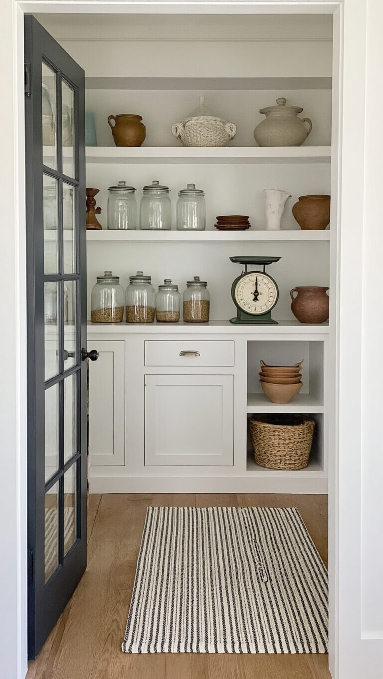 Close-up of a cozy butler's pantry with open shelving, antique accents, and a striped anti-fatigue mat lit by soft afternoon light through a frosted glass door.