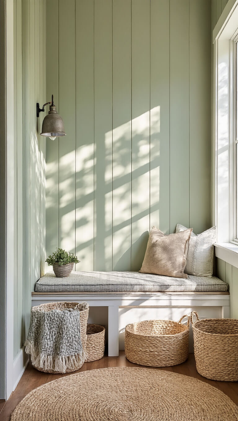 Rustic sage green kitchen nook with board and batten walls, layered jute and herringbone mats, galvanized metal accents, and whitewashed wood details in early morning light.