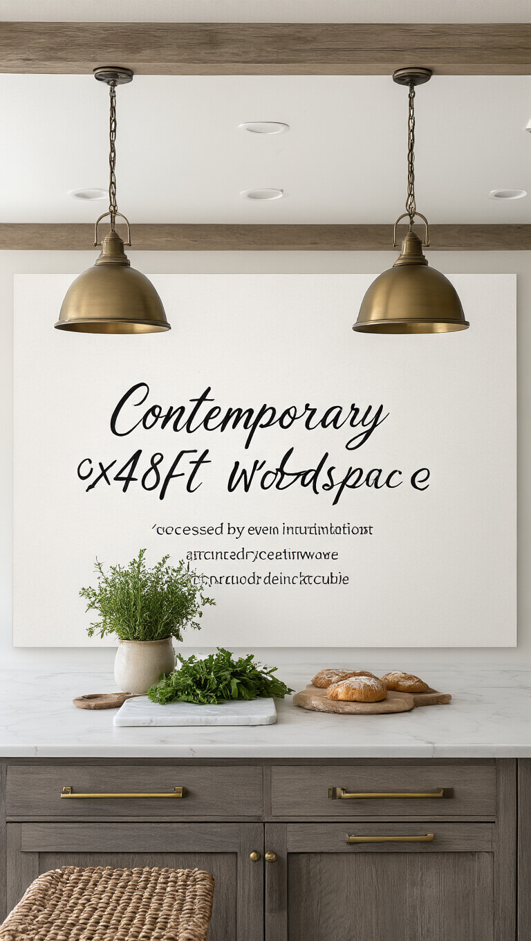 Overhead view of contemporary farmhouse kitchen island with charcoal script quote mat, marble pastry board, fresh herbs in earthenware, and brushed brass accents under industrial pendant lights.