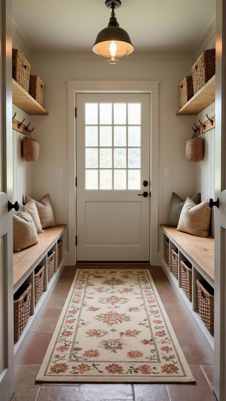 Transitional mudroom-to-kitchen entry with built-in bench, floral runner mat, woven baskets, farmhouse hooks, and natural light from Dutch door.
