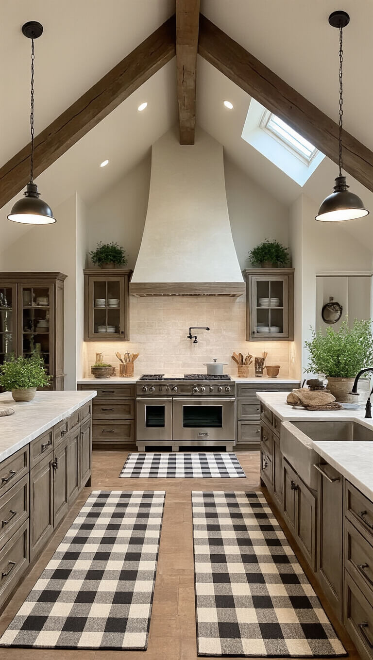 Wide view of a spacious 20x25ft farmhouse kitchen with cathedral ceiling, exposed beams, layered accent lighting, and three neutral buffalo check anti-fatigue mats defining cooking, prep, and sink zones amid vintage decor, potted herbs, and mixed metal finishes.