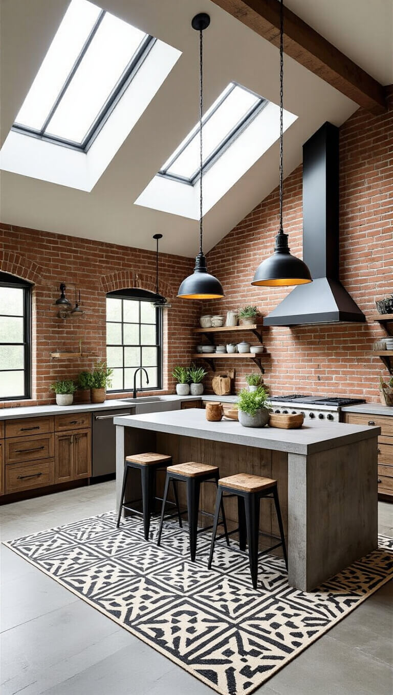 Industrial farmhouse kitchen with skylights, brick accent wall, geometric mat, black metal and reclaimed wood décor.
