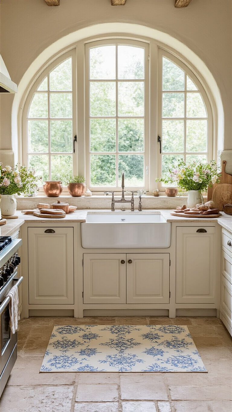 French farmhouse kitchen with limestone floors, morning light through arched windows, vintage blue toile mat by sink, copper cookware, antique cutting boards, and fresh flowers.