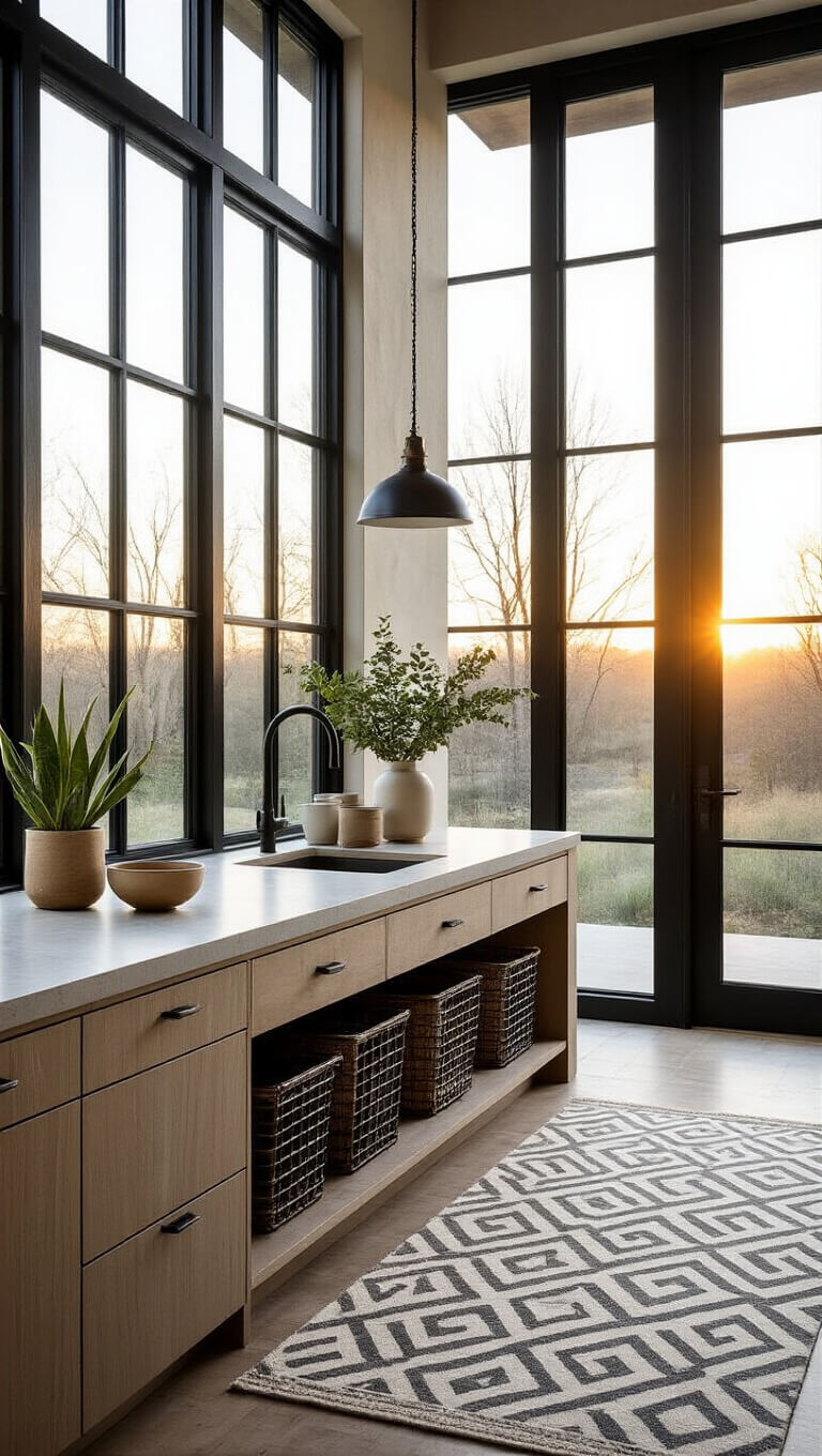 Modern rustic kitchen with black steel windows, golden hour lighting, and geometric gray and cream mat at coffee station; styled with sleek ceramics, wire baskets, and architectural plants.