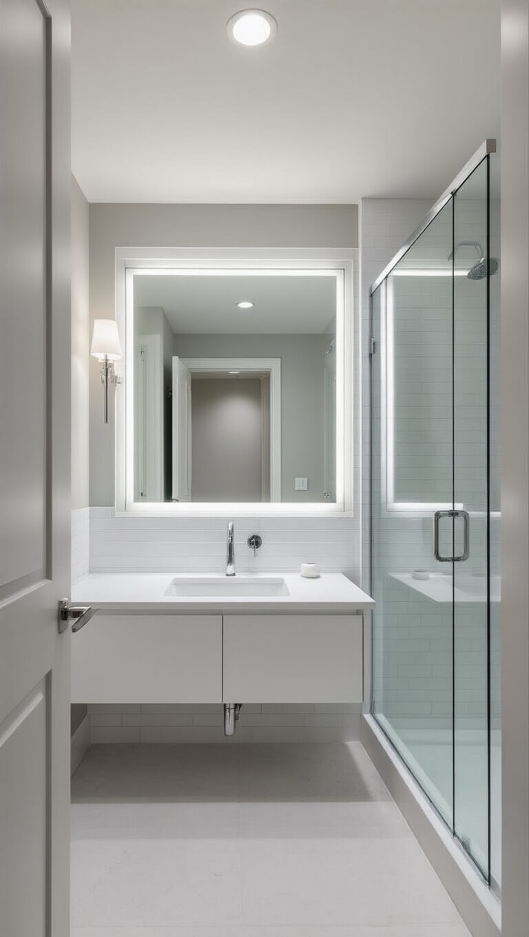 Minimalist windowless bathroom with floating quartz vanity, frameless mirror, glass shower, chrome fixtures, and layered cool artificial lighting.