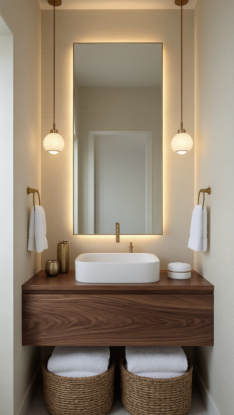Modern windowless bathroom with floating walnut vanity, matte white vessel sink, brushed gold accents, and dramatic mirror wall creating infinite reflection effect in warm, moody lighting.