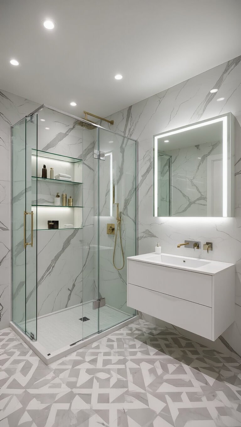 Bright contemporary 6x8ft bathroom with 10ft ceiling, marble-look porcelain tiles, floating glass shelves, frameless shower, modern white vanity, LED mirror, and geometric light gray and white floor pattern.