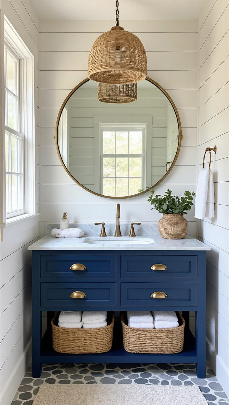 Coastal-style 7x7ft windowless bathroom with warm white shiplap walls, navy vanity with Carrara marble top, round brass mirror, woven pendant light, pebble-look gray floor tiles, and beach-inspired accents.