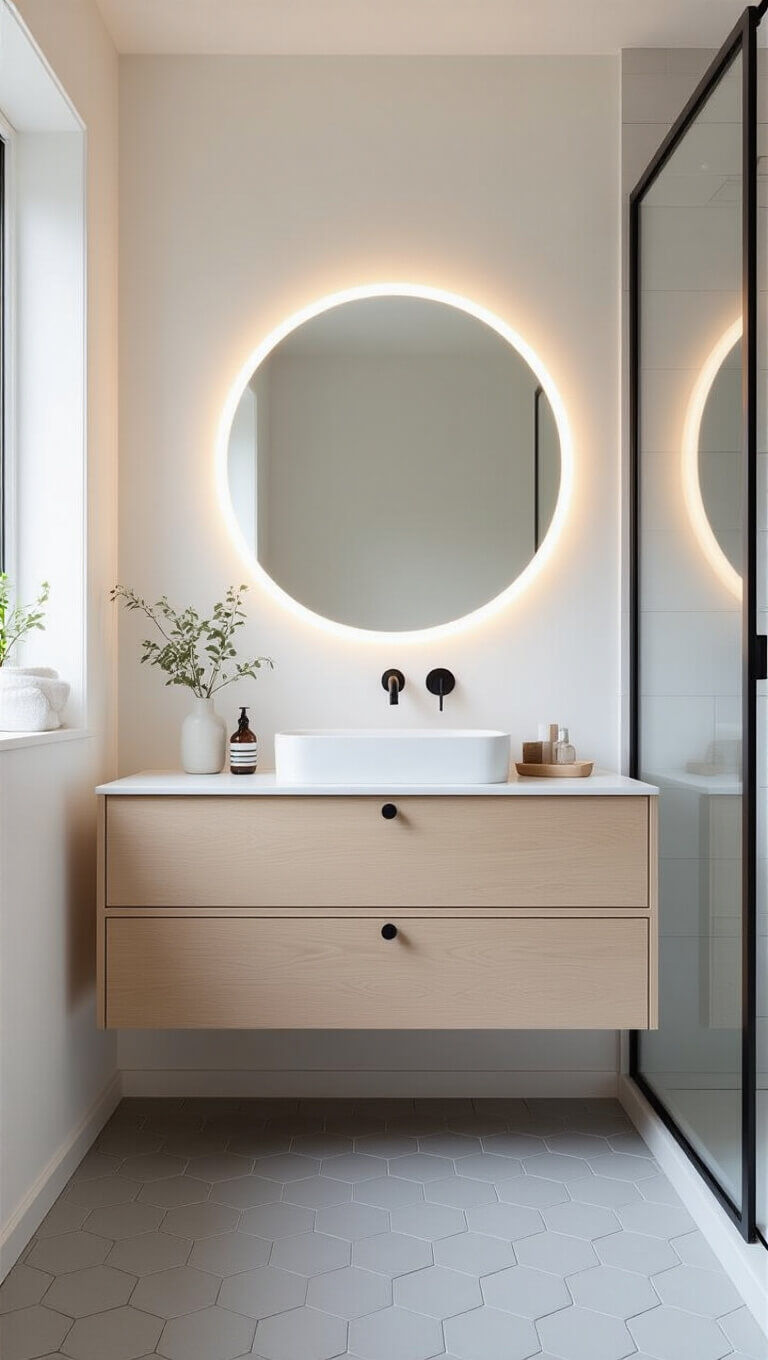 Scandinavian minimalist bathroom with blonde wood vanity, circular LED mirror, matte black fixtures, hexagonal tiles, and glass shower screen in clean 5x8ft layout.