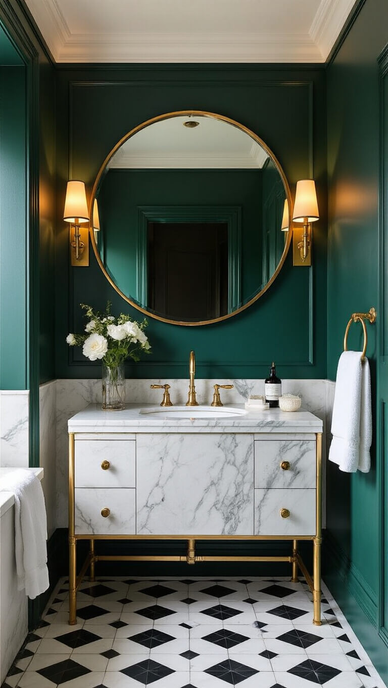 Art Deco-inspired jewel box bathroom with emerald green walls, marble vanity with brass base, oversized antiqued mirror, gold sconces, geometric black and white floor tiles, and crystal accessories in dramatic evening lighting.
