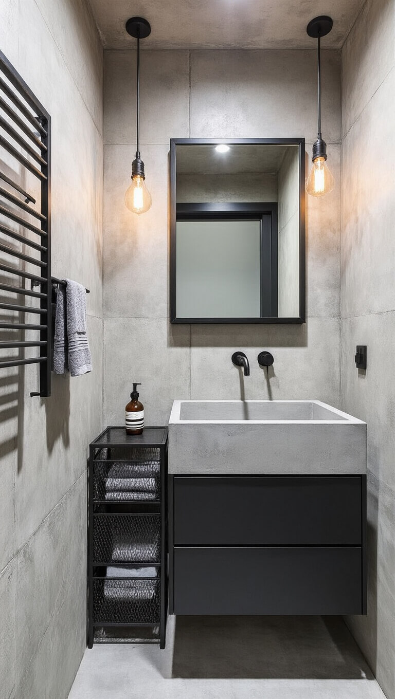 Industrial modern compact bathroom with concrete-look tiles, matte black wall-mounted vanity, exposed bulb lighting, black-framed mirror, and metal mesh storage.