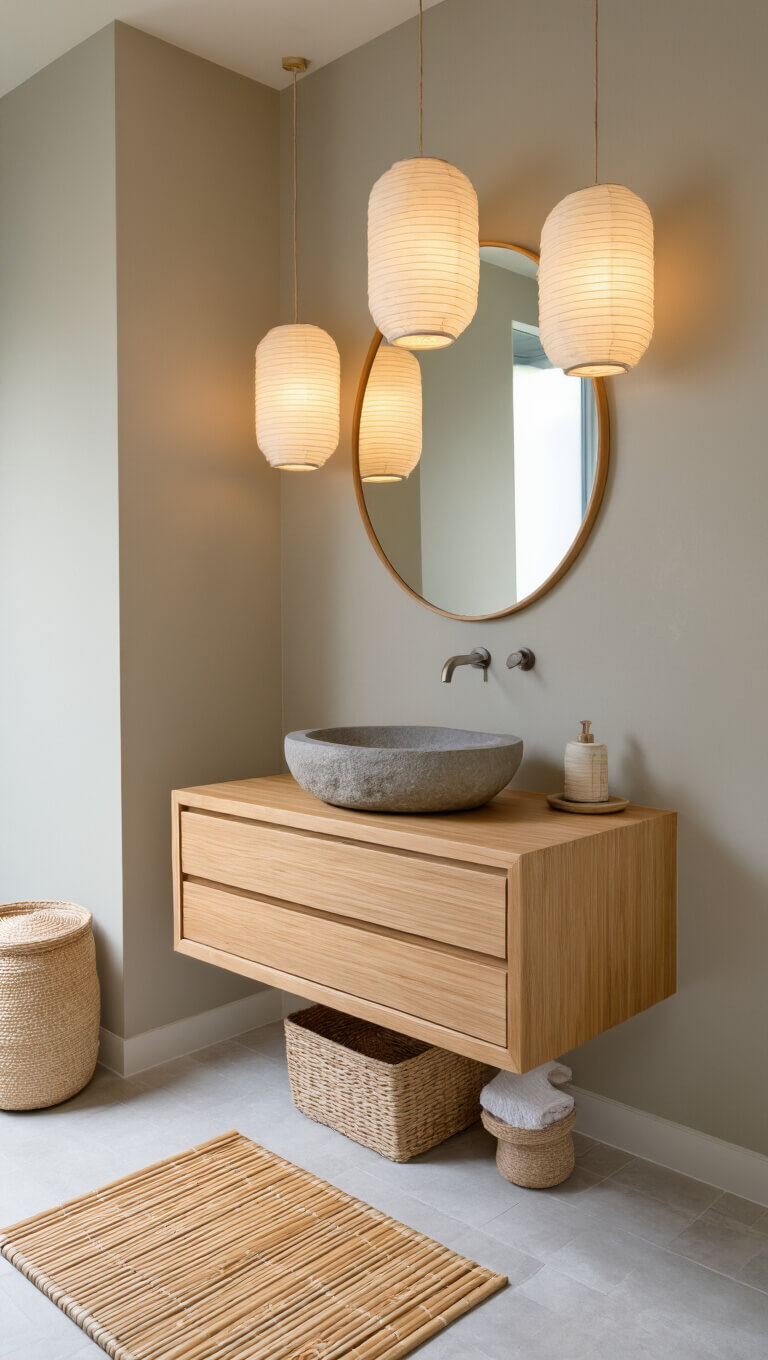 Zen-inspired 8x6ft bathroom with warm greige walls, floating teak vanity, stone vessel sink, paper lantern lighting, and natural fiber accents.