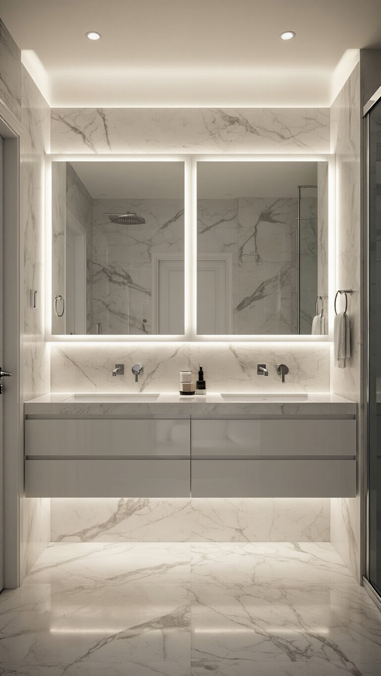 Contemporary luxury bathroom with marble-effect walls, floating double vanity, glass shower, and ambient cove lighting.