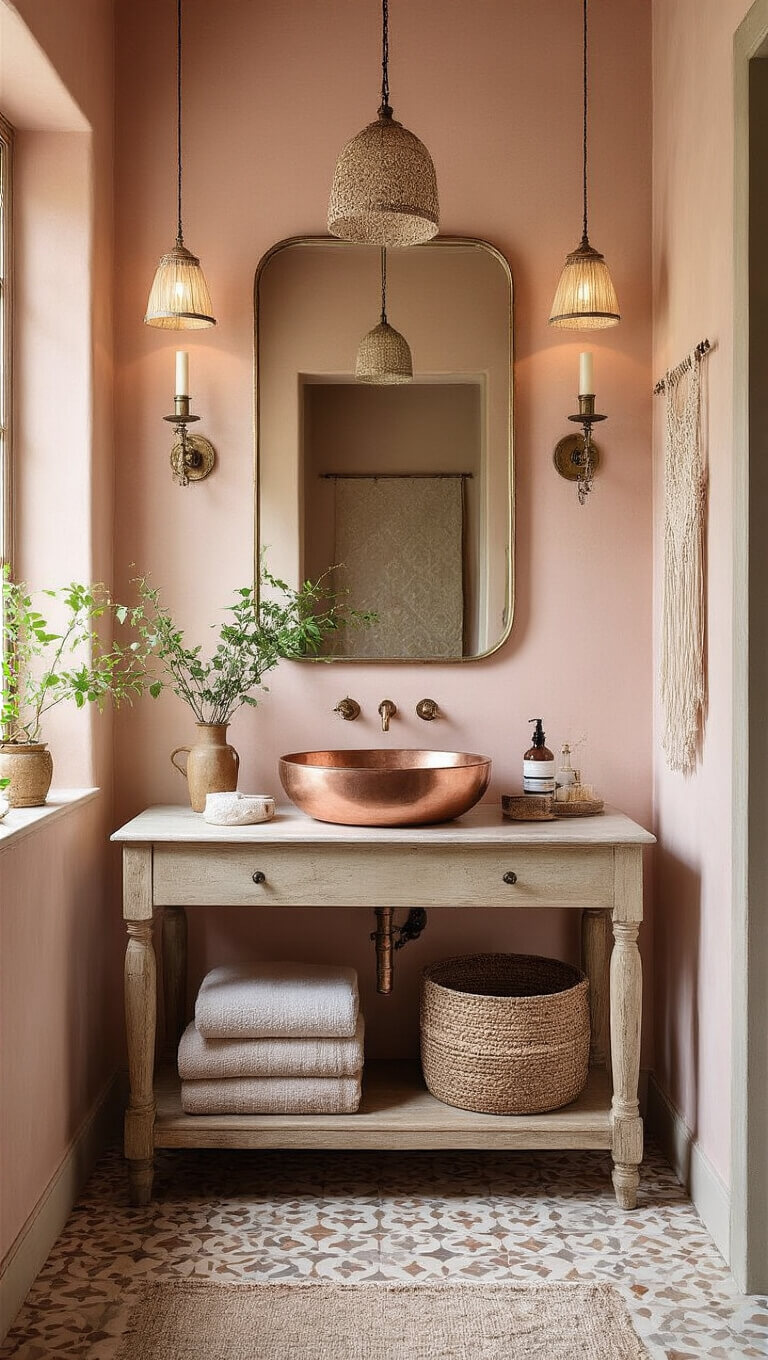 Eclectic bohemian bathroom with blush pink walls, vintage console vanity with copper sink, mixed metallic mirrors, Moroccan tile floor, macramé wall hanging, plants, and layered warm lighting.