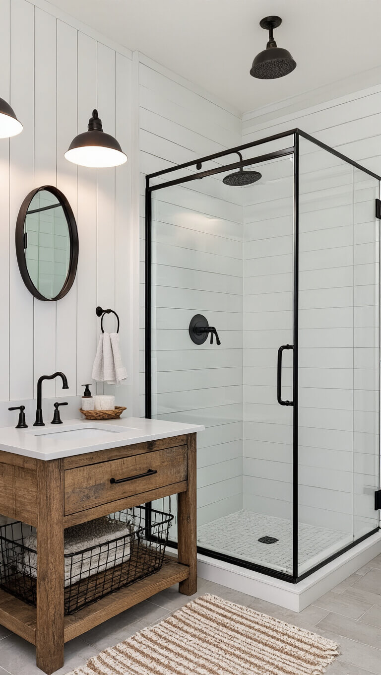 Modern farmhouse bathroom with white shiplap walls, black steel-framed shower, reclaimed wood vanity with quartz top, black oval mirror, and rustic storage accents.