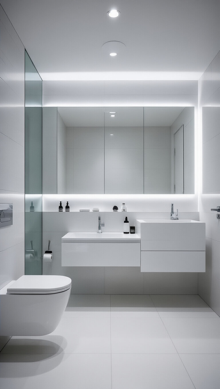Ultra-modern minimalist 6x9ft bathroom with hidden LED lighting, floating white vanity, wall-hung toilet, large white porcelain tiles, and illuminated wall-wide mirror.