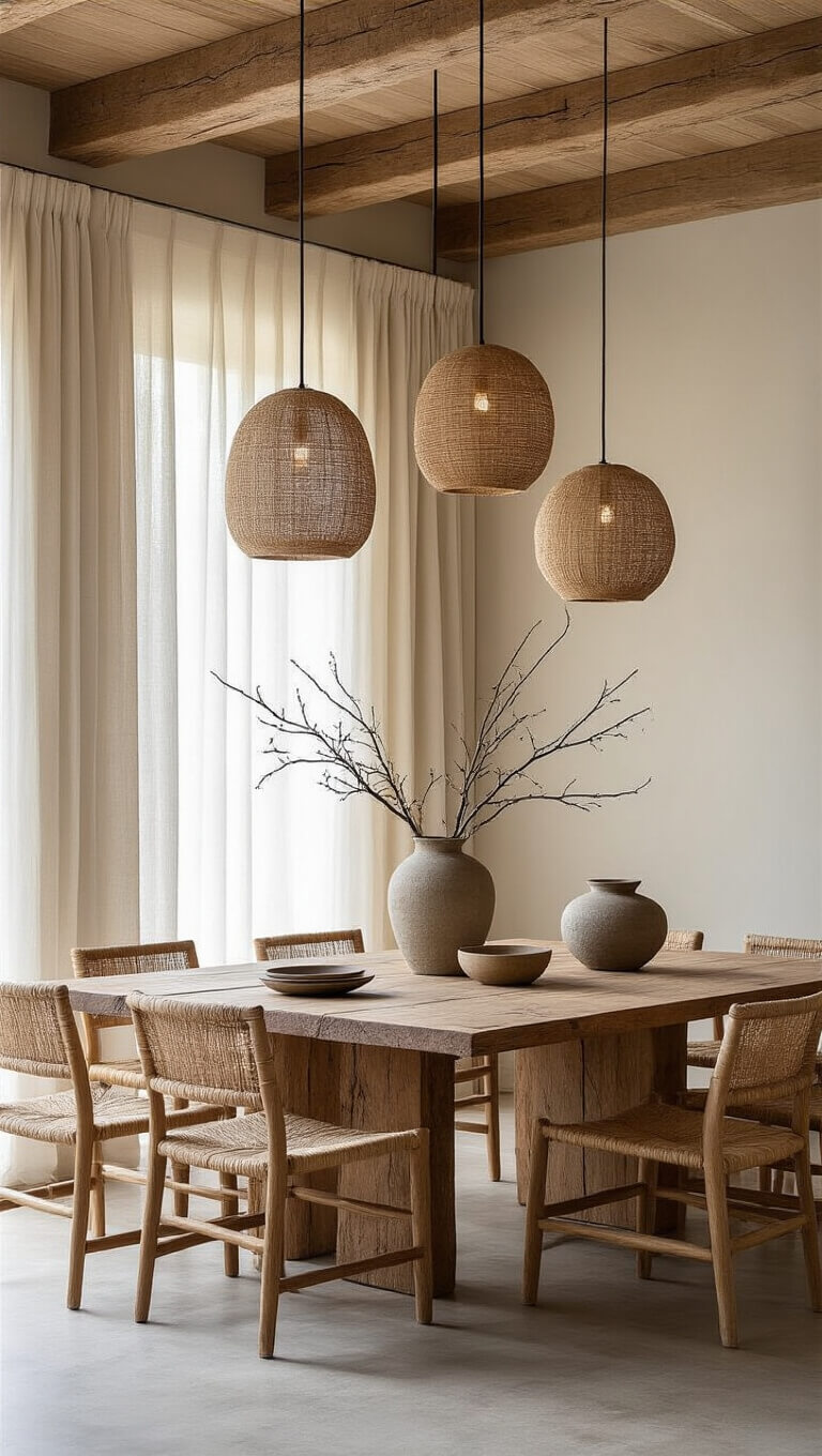 Modern dining room with exposed beam ceiling, wooden wabi sabi pendant lights, reclaimed teak table, rush chairs, and natural textural decor in warm, earthy tones.