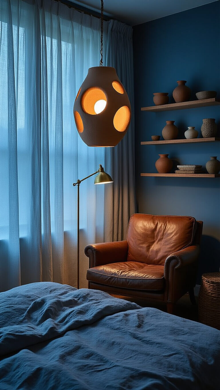 Cozy twilight bedroom corner with sculptural clay pendant casting patterns above vintage leather chair, brass lamp, and ceramic-decorated shelves.