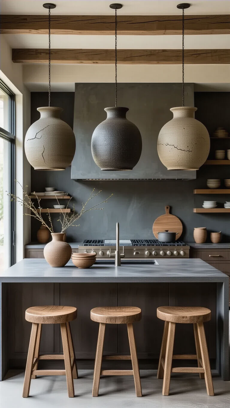 Contemporary open concept kitchen with smoke-fired ceramic wabi sabi pendants over a honed soapstone waterfall island, vintage wooden stools, and handmade ceramics, in natural morning light.