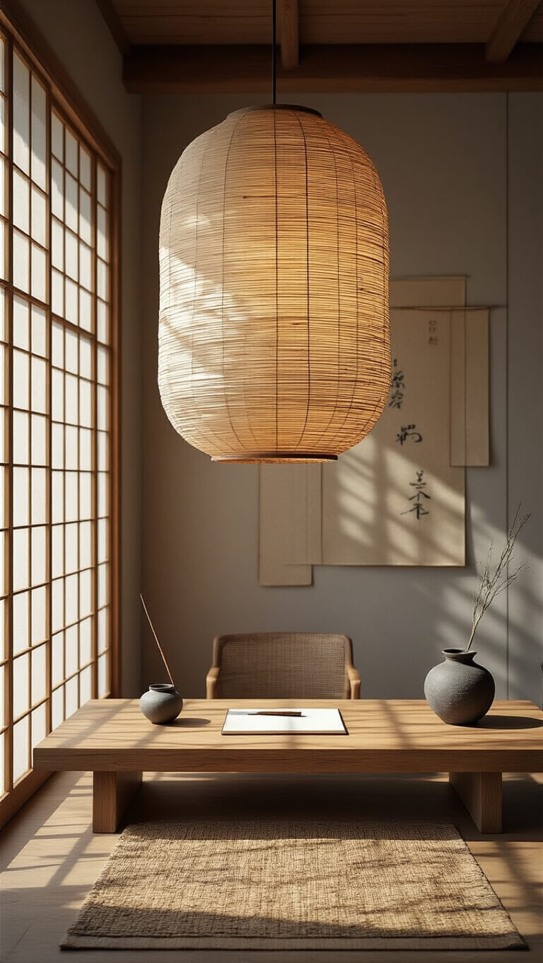 Zen-inspired home office with twisted paper and bamboo wabi sabi pendant above minimalist oak desk, pottery vessel, and natural textural elements in warm, earthy tones.