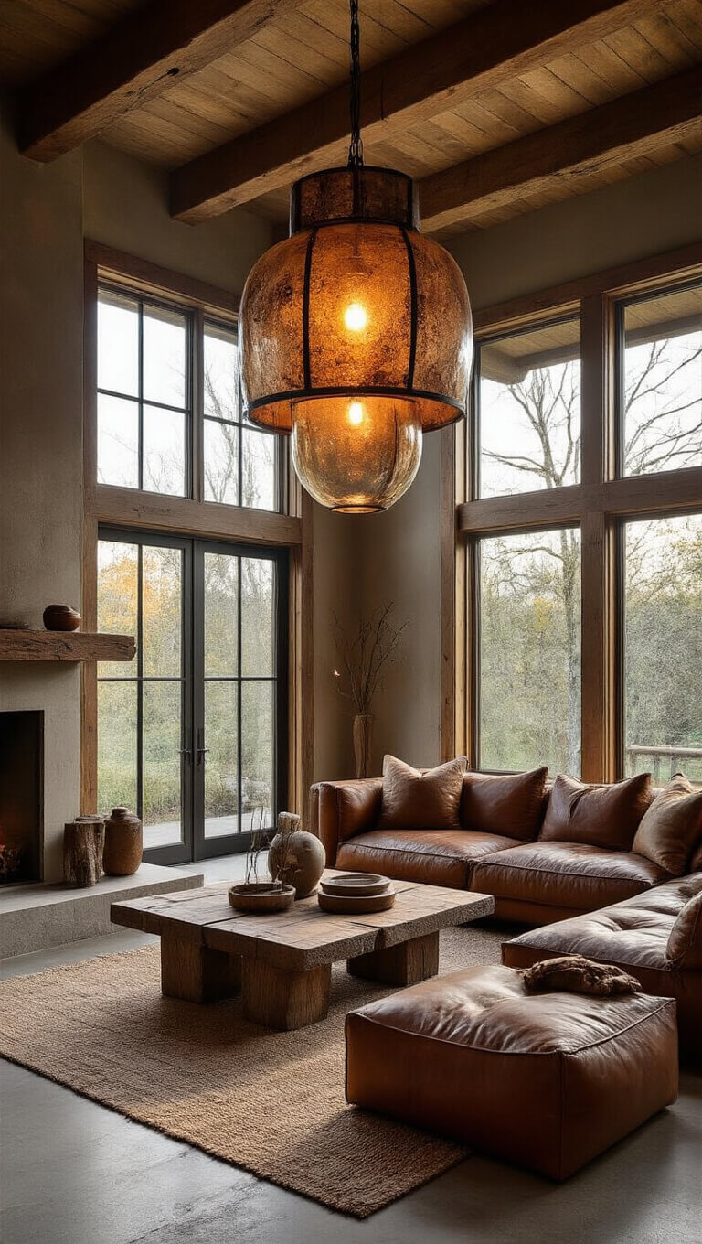 Wide-angle view of a rustic-modern great room with a wabi sabi metal and glass pendant, low leather seating, primitive wood tables, and golden hour light highlighting rich textures and warm tones.