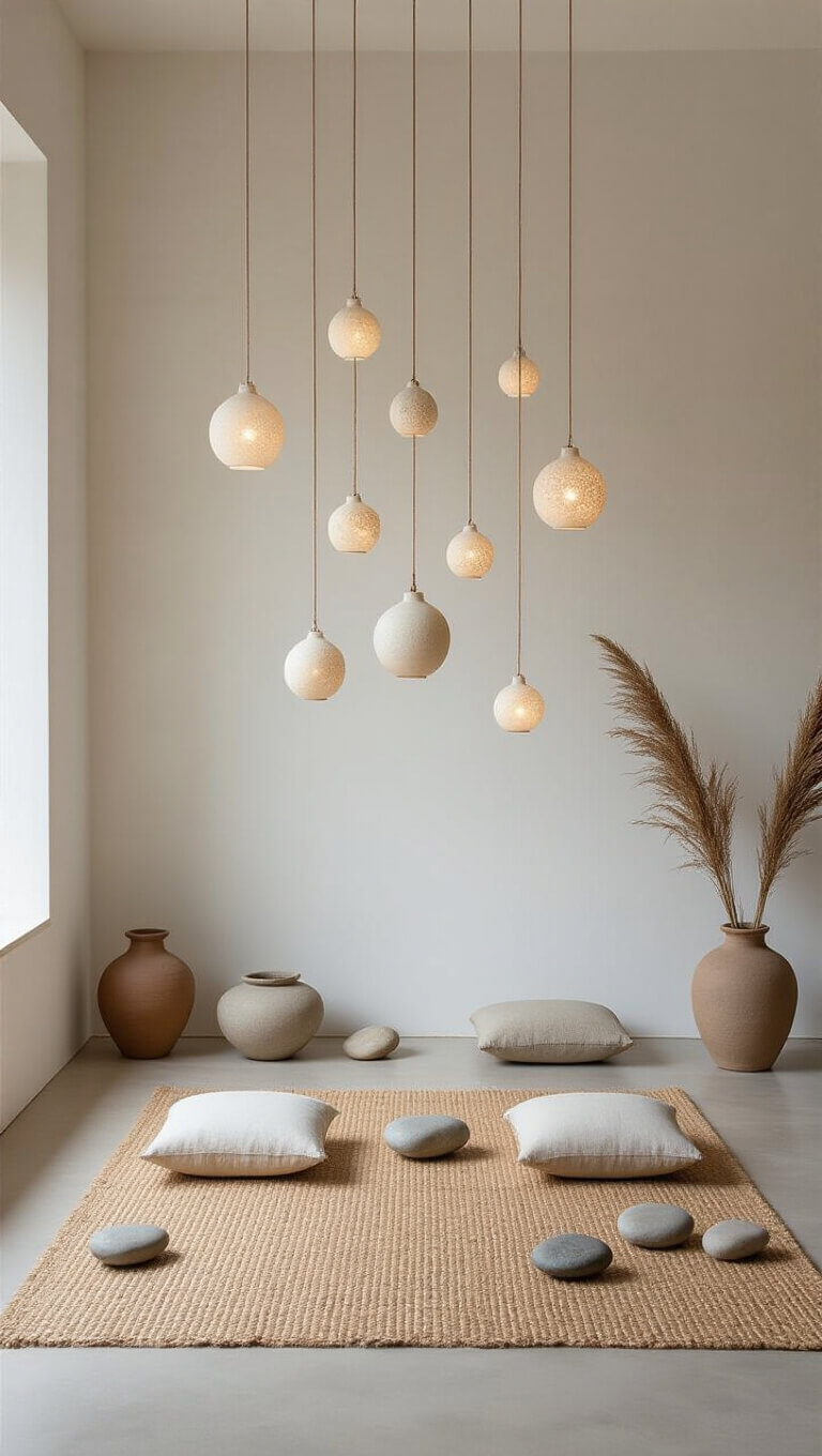 Low-angle view of a serene 10x12ft meditation space with translucent unglazed porcelain pendants suspended above natural cushions and a sisal mat, bathed in soft dawn light with minimal bone white and pale gray tones.