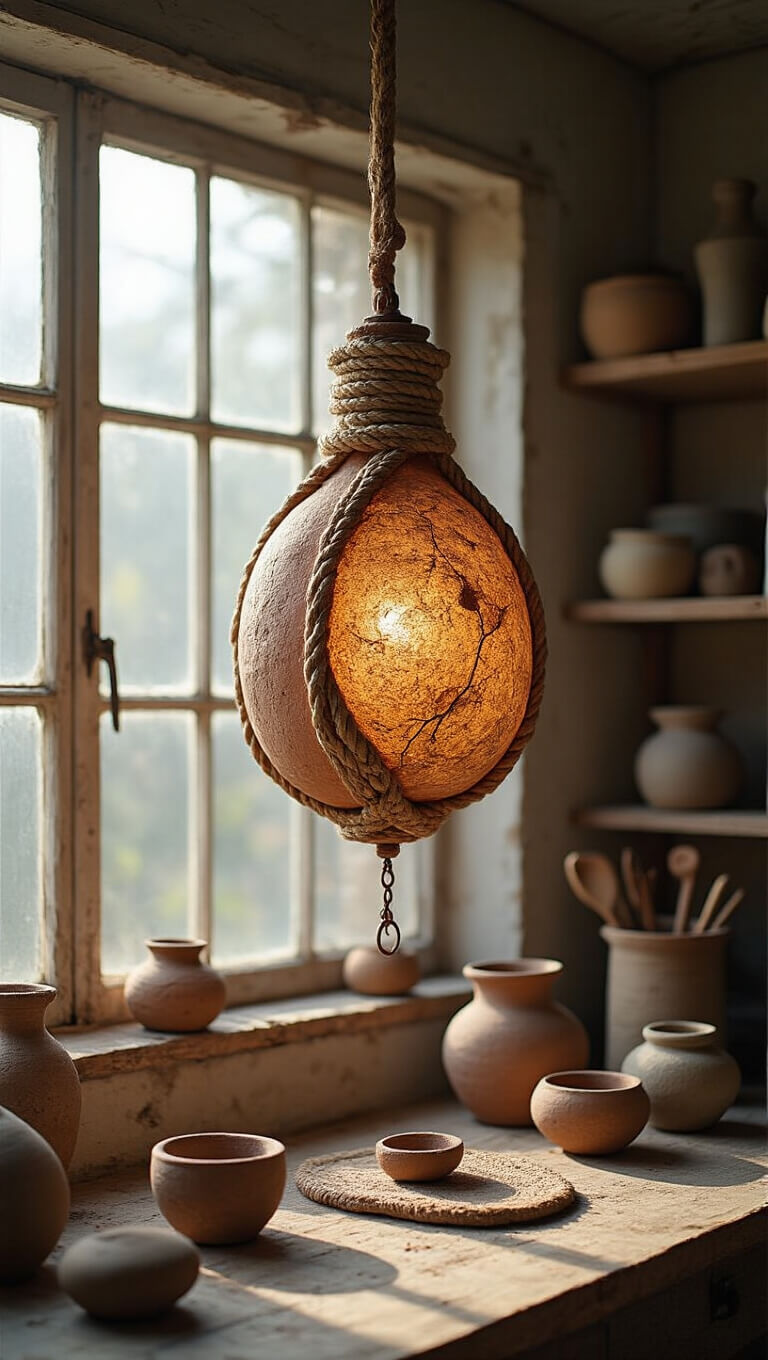 Eclectic artist's studio with sculptural wabi sabi pendant of rope, clay, and copper over vintage workbench with pottery tools, lit by late morning sunlight.