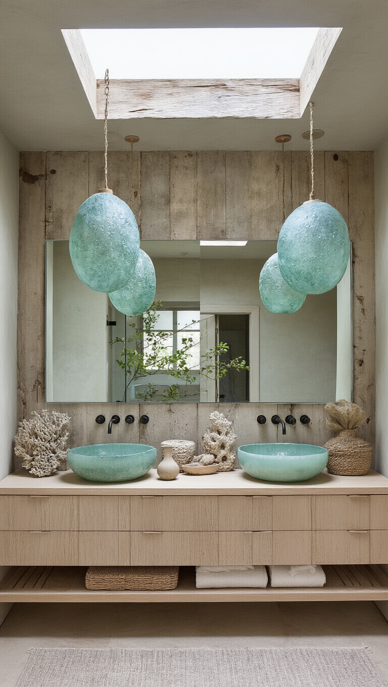 Coastal-inspired bathroom with sea-glass pendant lights, bleached oak floating vanity, ceramic vessels, and beach-toned textures in soft aqua and sand.